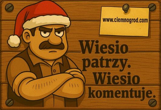 Wiesio patrzy i komentuje w świątecznej czapce – tablica drewniana