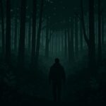 Las samobójców – nowoczesna 2D ilustracja wielkiego lasu z postacią wchodzącą od tyłu