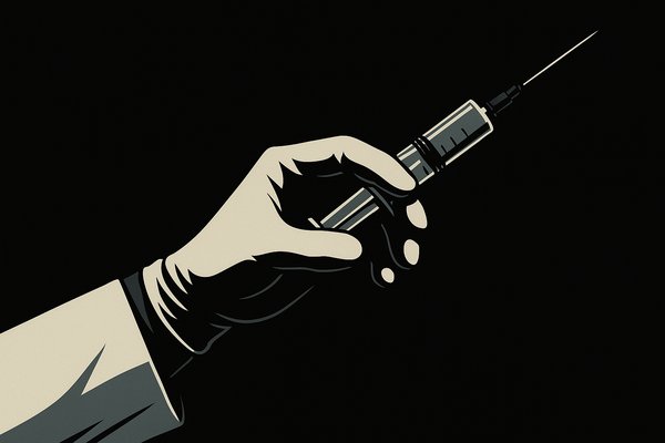 Lekarz Johannes M. – symboliczna grafika z ręką trzymającą strzykawkę