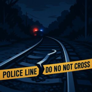 sabotaż na torach na trasie Warszawa–Lublin w nocnej scenerii z uszkodzonym torem i światłami służb