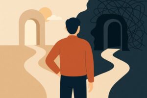 dlaczego wybieramy niewłaściwych ludzi – symboliczna ilustracja 2D z rozdrożem