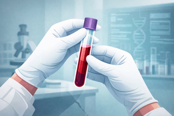 Elizabeth Holmes – białe rękawiczki trzymające probówkę z krwią, symboliczne oszustwo medyczne