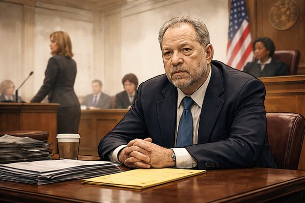 Harvey Weinstein na sali sądowej – nowoczesna ilustracja 2D przedstawiająca proces producenta filmowego